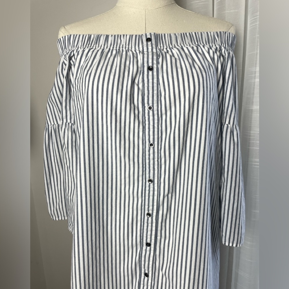 Abercrombie & Fitch Off Shoulder Stripped Cotton Mini Dress with Bell Sleeves XS